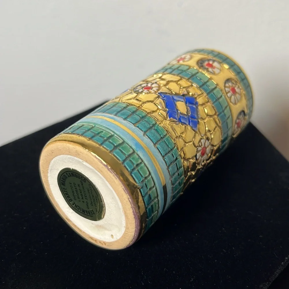 Ceramiche D’Arte Mario Sambuco Italy Miniature Mosaic Hand Painted Cylinder Vase